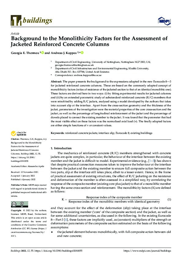 Background to the Monolithicity Factors for the Assessment of Jacketed Reinforced Concrete Columns Thumbnail