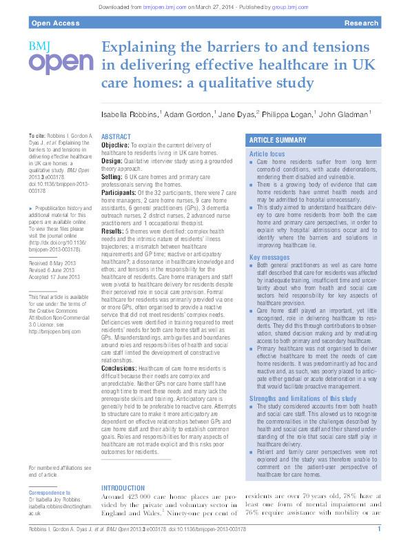 Explaining the barriers to and tensions in delivering effective healthcare in UK care homes: a qualitative study Thumbnail