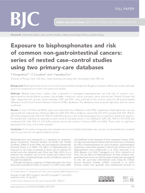 Exposure to bisphosphonates and risk of common non-gastrointestinal cancers: series of nested case–control studies using two primary-care databases Thumbnail