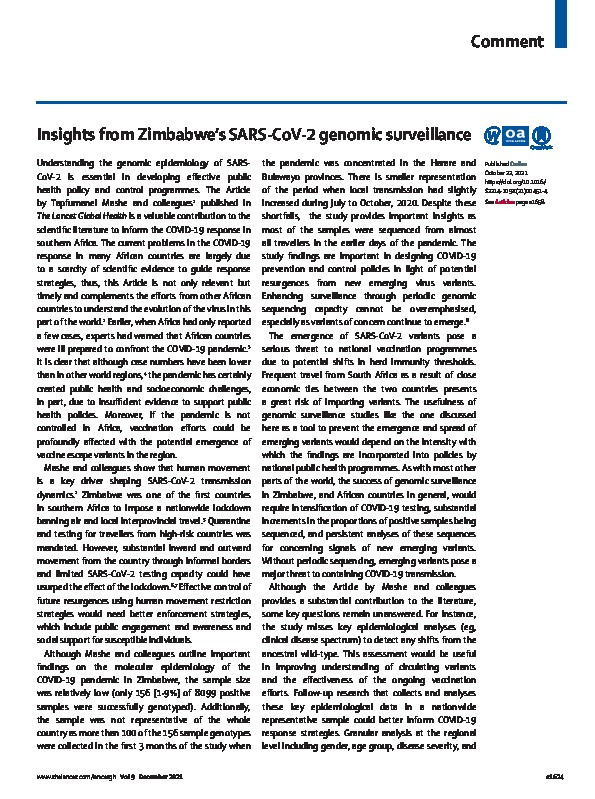Insights from Zimbabwe's SARS-CoV-2 genomic surveillance Thumbnail