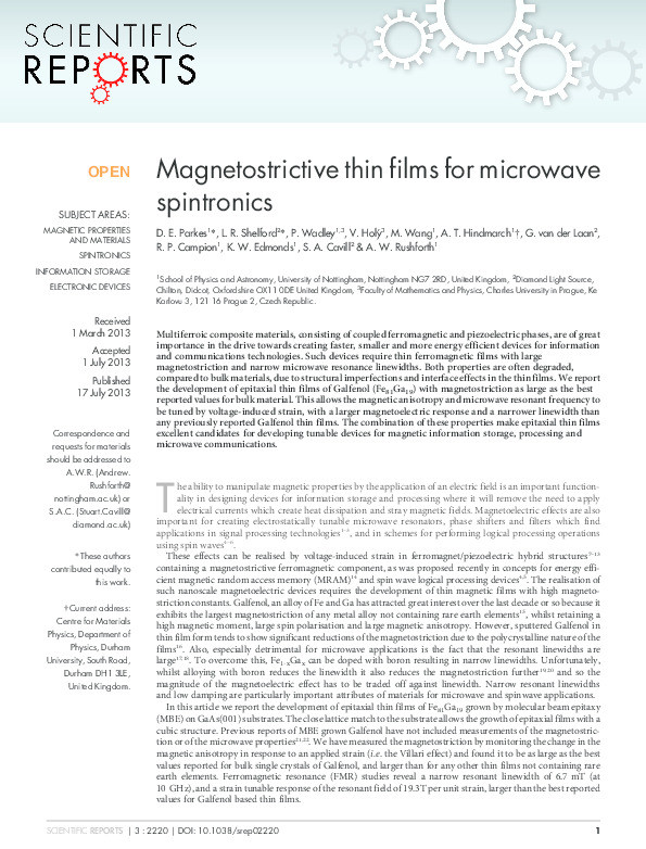 Magnetostrictive thin films for microwave spintronics Thumbnail