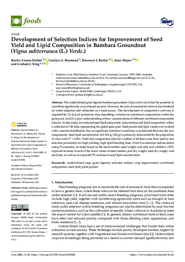 Development of selection indices for improvement of seed yield and lipid composition in bambara groundnut (Vigna subterranea (l.) verdc.) Thumbnail
