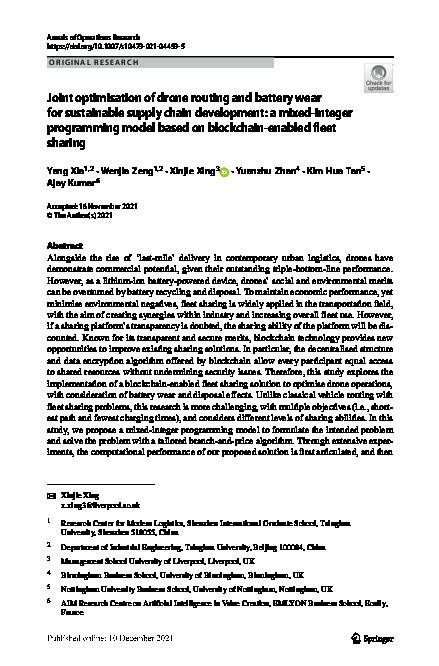 Joint optimisation of drone routing and battery wear for sustainable supply chain development: a mixed-integer programming model based on blockchain-enabled fleet sharing Thumbnail