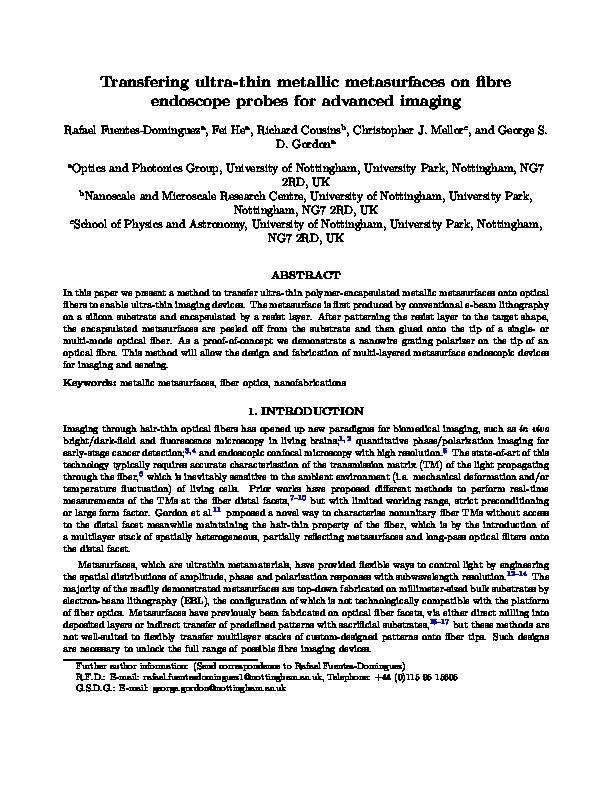 Transfering ultra-Thin metallic metasurfaces to fibre endoscope probes for advanced imaging Thumbnail