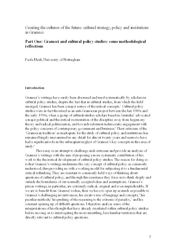 Creating the cultures of the future: cultural strategy, policy and institutions in Gramsci. Part one:  Gramsci and cultural policy studies: some methodological reflections Thumbnail