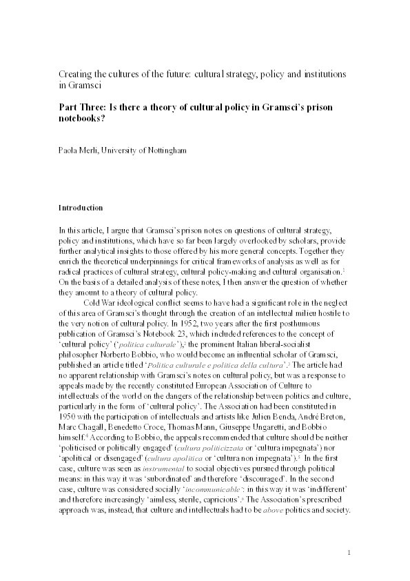 Creating the cultures of the future: cultural strategy, policy and institutions in Gramsci. Part three: Is there a theory of cultural policy in Gramsci’s prison notebooks? Thumbnail