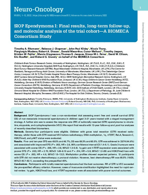 SIOP Ependymoma I: Final results, long term follow-up and molecular analysis of the trial cohort: A BIOMECA Consortium Study Thumbnail