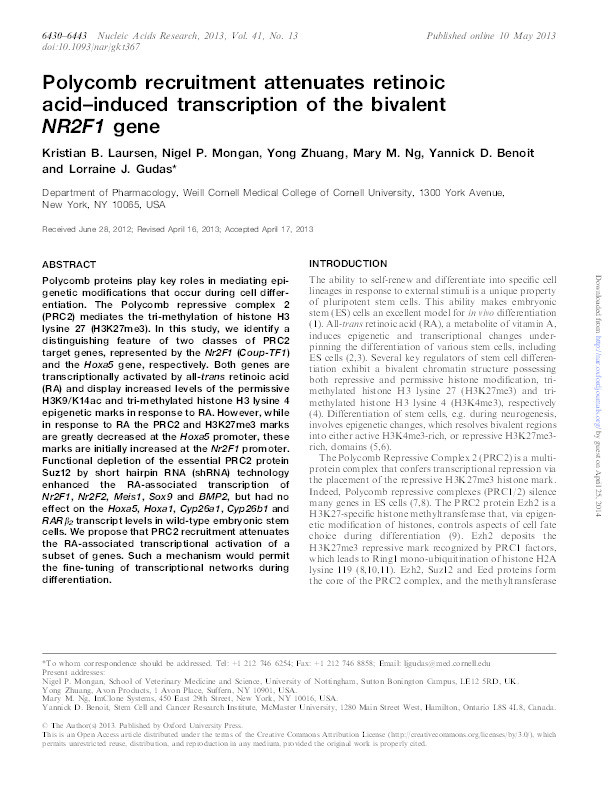 Polycomb recruitment attenuates retinoic acid–induced transcription of the bivalent NR2F1 gene Thumbnail