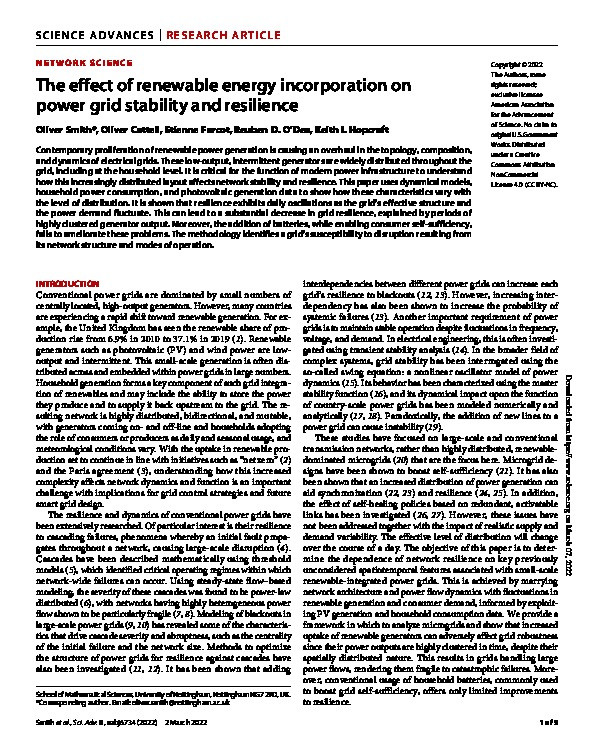 The effect of renewable energy incorporation on power grid stability and resilience Thumbnail