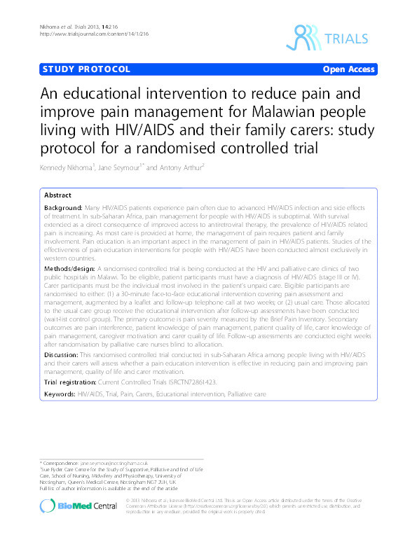 An educational intervention to reduce pain and improve pain management for Malawian people living with HIV/AIDS and their family carers: study protocol for a randomised controlled trial Thumbnail