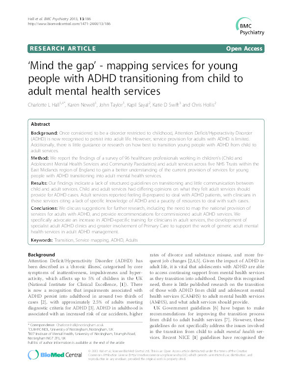 ‘Mind the gap’ - mapping services for young people with ADHD transitioning from child to adult mental health services Thumbnail