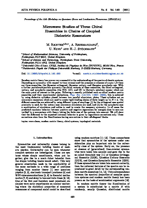 Microwave Studies of Three Chiral Ensembles in Chains of Coupled Dielectric Resonators Thumbnail