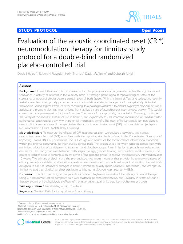 Evaluation of the acoustic coordinated reset (CR ®) neuromodulation therapy for tinnitus: study protocol for a double-blind randomized placebo-controlled trial Thumbnail