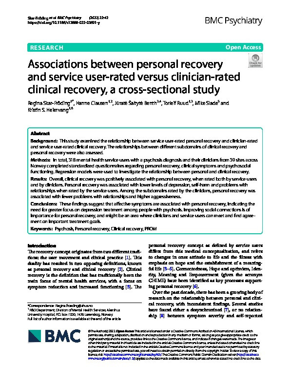Associations between personal recovery and service user-rated versus clinician-rated clinical recovery, a cross-sectional study Thumbnail