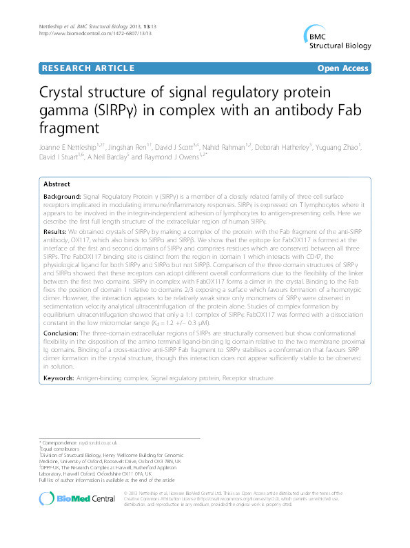Crystal structure of signal regulatory protein gamma (SIRP?) in complex with an antibody Fab fragment Thumbnail