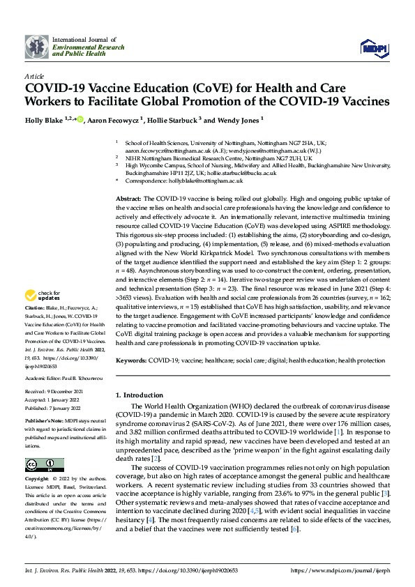 COVID-19 Vaccine Education (CoVE) for Health and Care Workers to Facilitate Global Promotion of the COVID-19 Vaccines Thumbnail