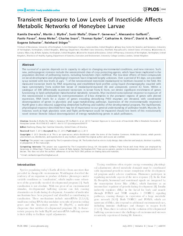 Transient exposure to low levels of insecticide affects metabolic networks of honeybee larvae Thumbnail