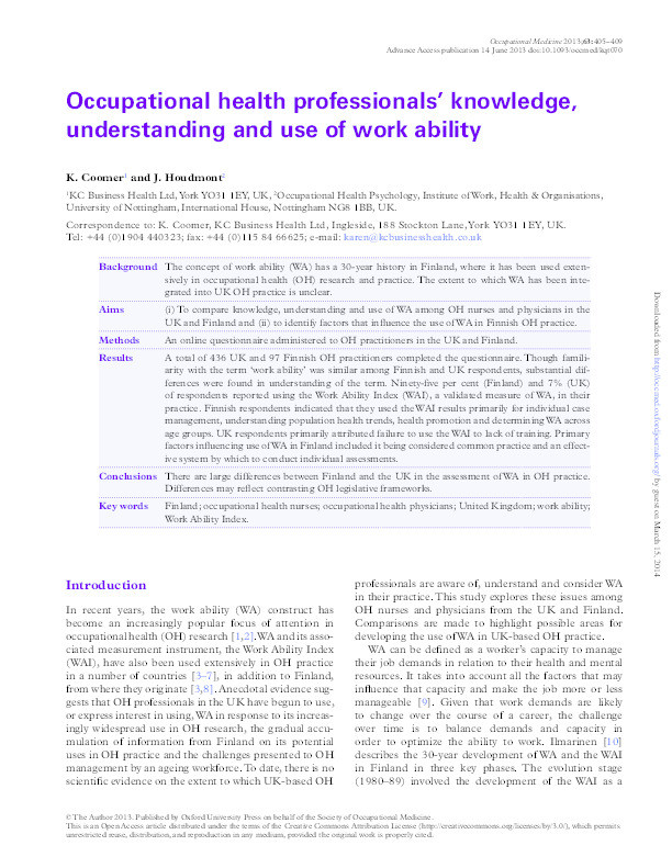 Occupational health professionals’ knowledge, understanding and use of work ability Thumbnail