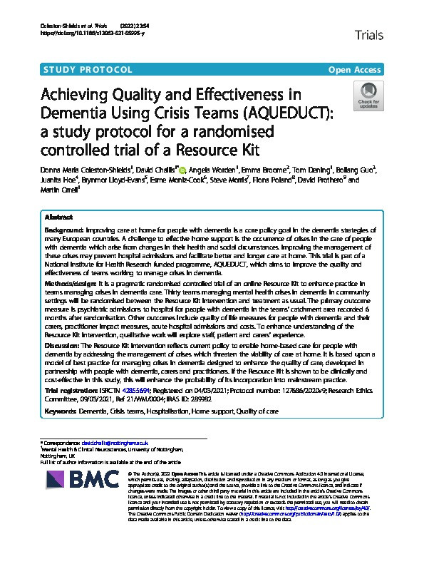 Achieving Quality and Effectiveness in Dementia Using Crisis Teams (AQUEDUCT): a study protocol for a randomised controlled trial of a Resource Kit Thumbnail