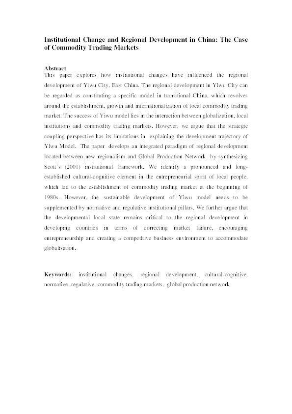 Institutional change and regional development in China: the case of commodity trading markets Thumbnail