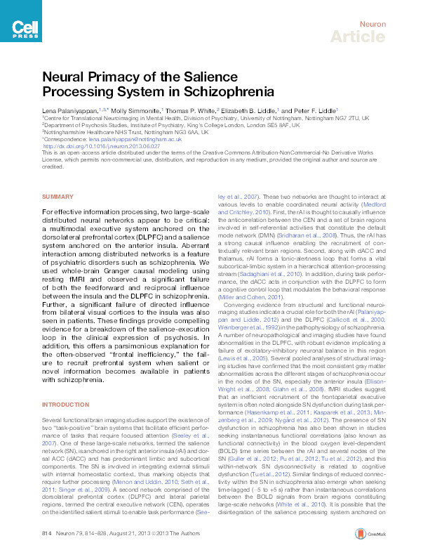 Neural primacy of the salience processing system in schizophrenia Thumbnail