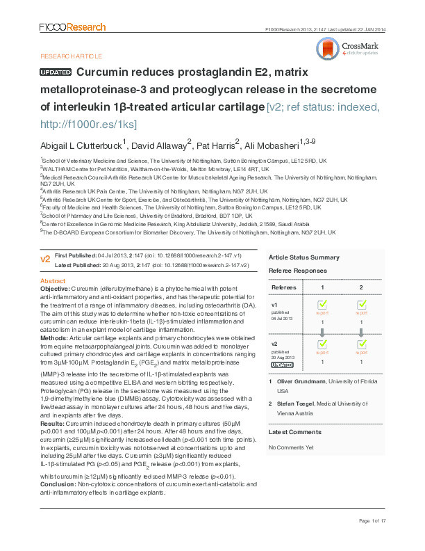 Curcumin reduces prostaglandin E2, matrix metalloproteinase-3 and proteoglycan release in the secretome of interleukin 1?-treated articular cartilage Thumbnail