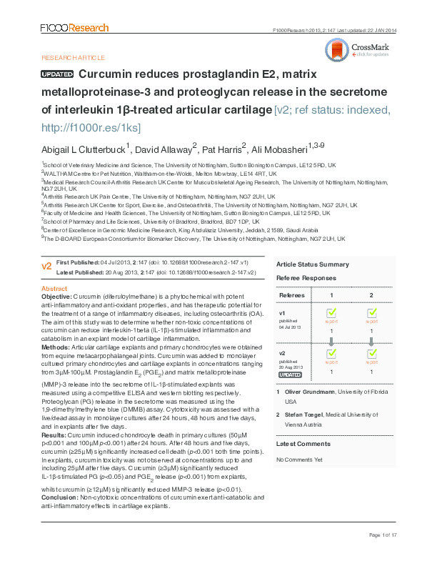Curcumin reduces prostaglandin E2, matrix metalloproteinase-3 and proteoglycan release in the secretome of interleukin 1β-treated articular cartilage Thumbnail