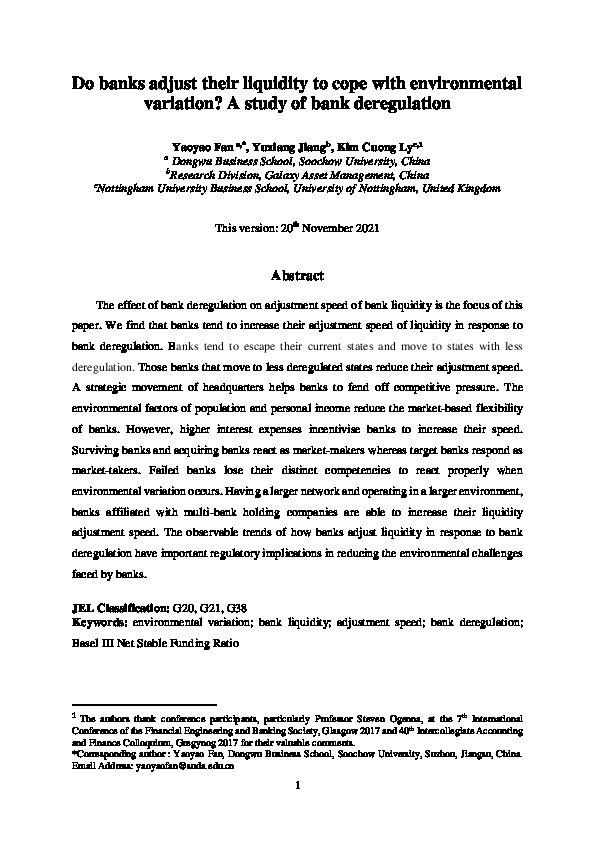 Do banks adjust their liquidity to cope with environmental variation? A study of bank deregulation Thumbnail