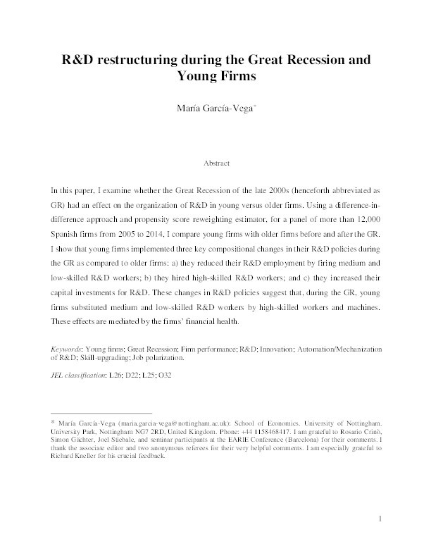 R&D restructuring during the Great Recession and young firms Thumbnail