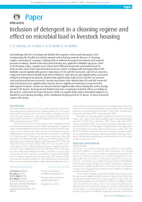 Inclusion of detergent in a cleaning regime and effect on microbial load in livestock housing Thumbnail
