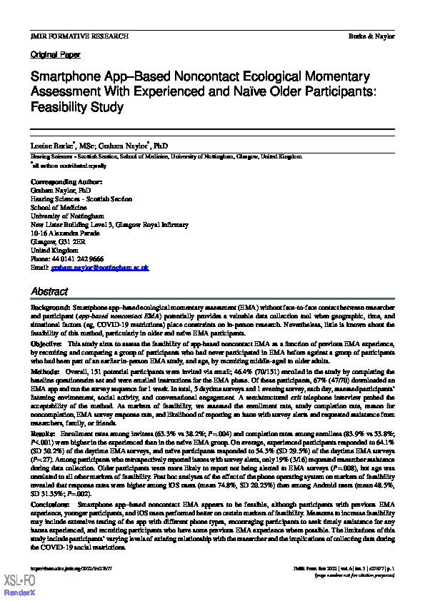 Smartphone App–Based Noncontact Ecological Momentary Assessment With Experienced and Naïve Older Participants: Feasibility Study Thumbnail