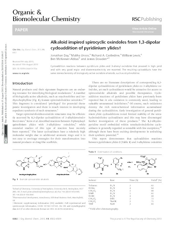 Alkaloid inspired spirocyclic oxindoles from 1,3-dipolar cycloaddition of pyridinium ylides Thumbnail