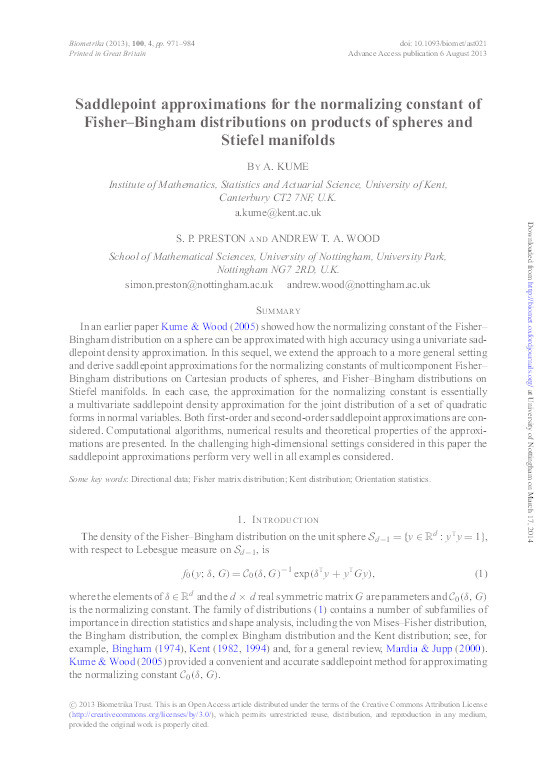 Saddlepoint approximations for the normalizing constant of Fisher–Bingham distributions on products of spheres and Stiefel manifolds Thumbnail
