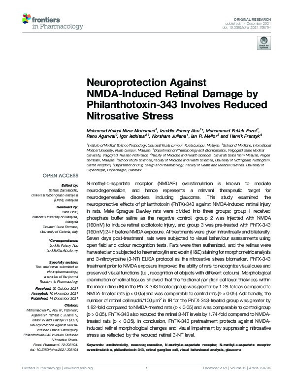 Neuroprotection Against NMDA-Induced Retinal Damage by Philanthotoxin-343 Involves Reduced Nitrosative Stress Thumbnail
