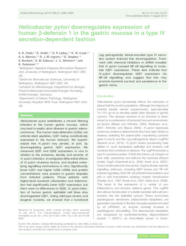 Helicobacter pylori down-regulates expression of human ß-defensin 1 in the gastric mucosa in a type IV secretion dependent fashion Thumbnail