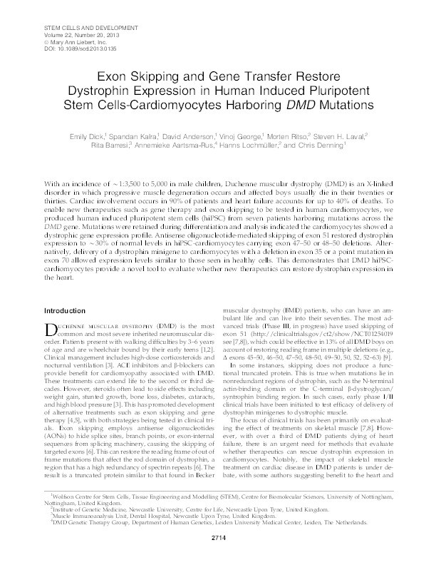 Exon skipping and gene transfer restore dystrophin expression in human induced pluripotent stem cells-cardiomyocytes harboring DMD mutations Thumbnail