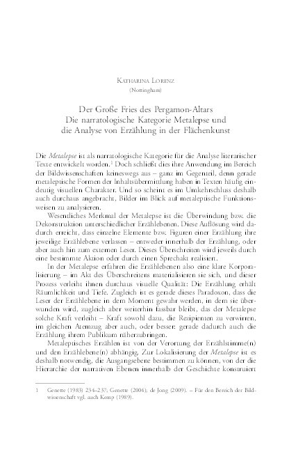 Der Grosse Fries des Pergamon-Altars: die narratologische Kategorie Metalepse und die Analyse von Erzählung in der Flächenkunst Thumbnail