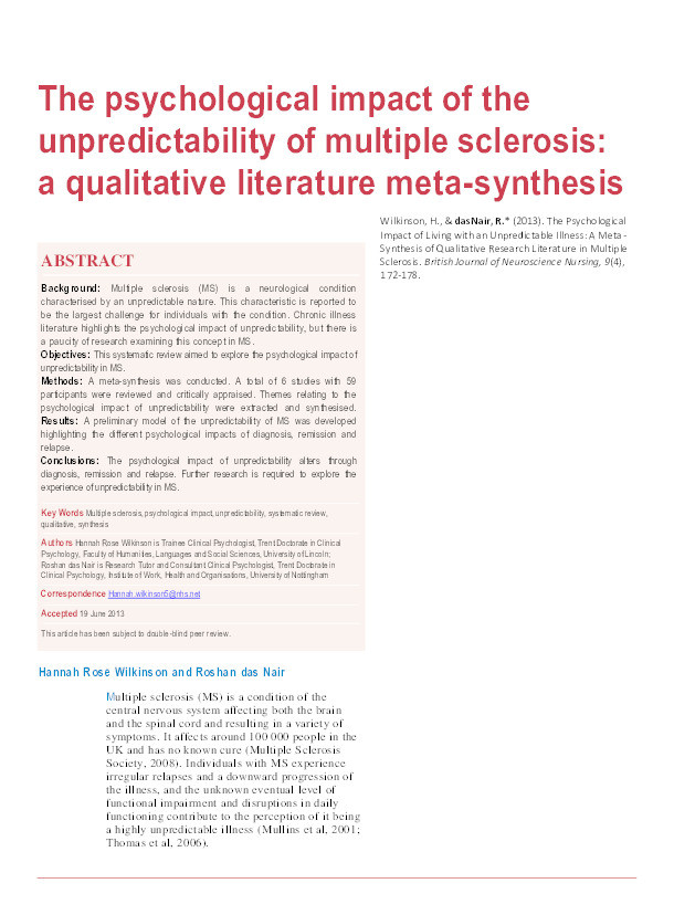The psychological impact of the unpredictability of multiple sclerosis: a qualitative literature meta-synthesis Thumbnail