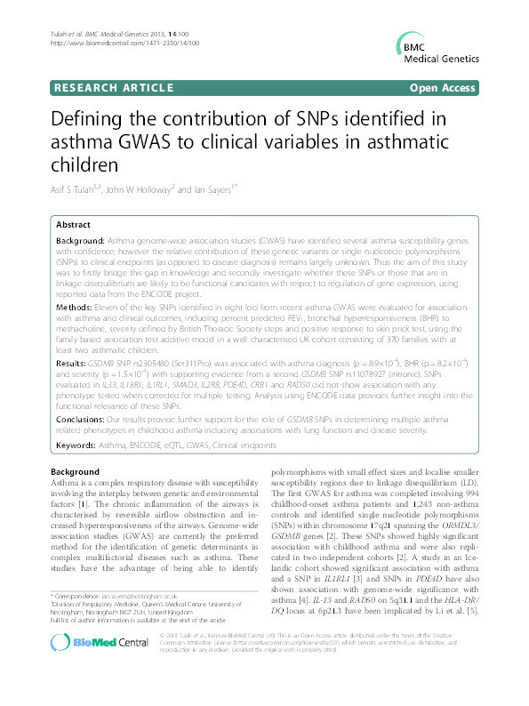 Defining the contribution of SNPs identified in asthma GWAS to clinical variables in asthmatic children Thumbnail