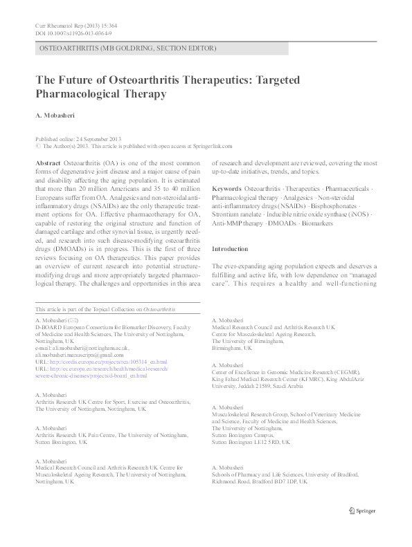 The future of osteoarthritis therapeutics: targeted pharmacological therapy Thumbnail
