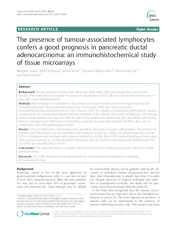 The presence of tumour-associated lymphocytes confers a good prognosis in pancreatic ductal adenocarcinoma: an immunohistochemical study of tissue microarrays Thumbnail