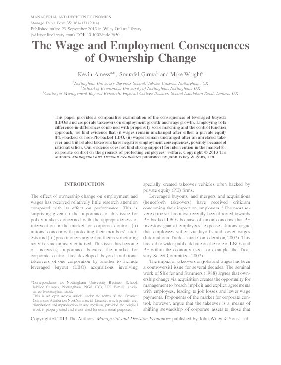 The Wage and Employment Consequences of Ownership Change Thumbnail