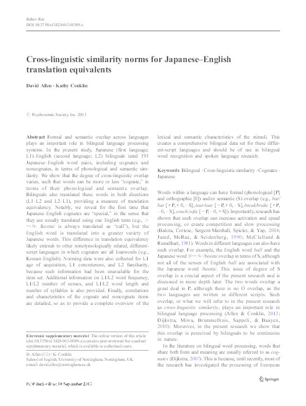 Cross-linguistic similarity norms for Japanese-English translation equivalents Thumbnail