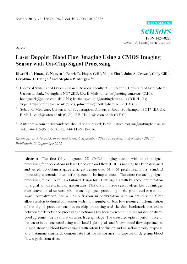 Laser Doppler blood flow imaging using a CMOS imaging sensor with on-chip signal processing Thumbnail