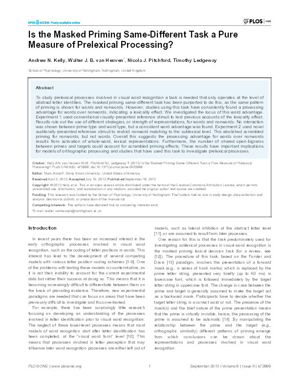 Is the masked priming same-different task a pure measure of prelexical processing? Thumbnail
