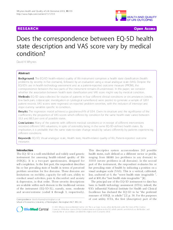 Does the correspondence between EQ-5D health state description and VAS score vary by medical condition? Thumbnail