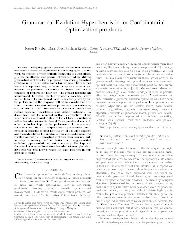 Grammatical evolution hyper-heuristic for combinatorial optimization problems Thumbnail