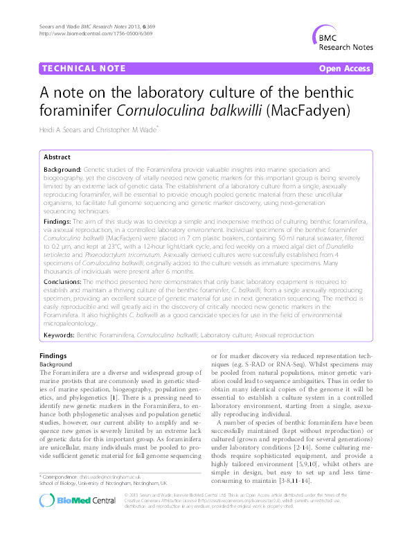 A note on the laboratory culture of the benthic foraminifer Cornuloculina balkwilli (MacFadyen) Thumbnail