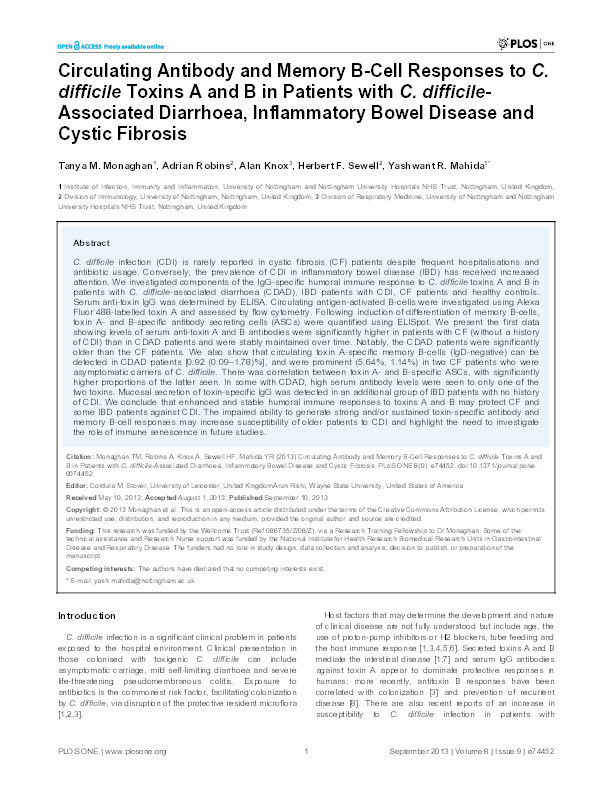 Circulating antibody and memory B-cell responses to C. difficile toxins A and B in patients with C. difficile- associated diarrhoea, inflammatory bowel disease and cystic fibrosis Thumbnail