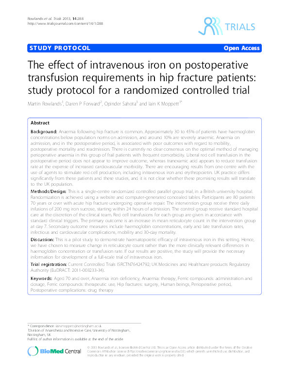 The effect of intravenous iron on postoperative transfusion requirements in hip fracture patients: study protocol for a randomized controlled trial Thumbnail